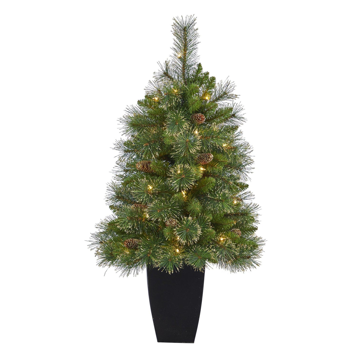 3.5’ Golden Tip Washington Pine Artificial Christmas Tree with 50 Clear Lights, Pine Cones and 148 Bendable Branches in Black Metal Planter