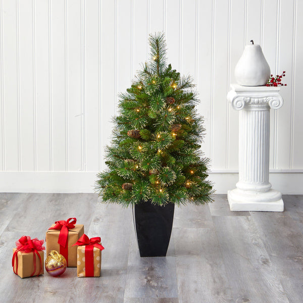 3.5’ Golden Tip Washington Pine Artificial Christmas Tree with 50 Clear Lights, Pine Cones and 148 Bendable Branches in Black Metal Planter