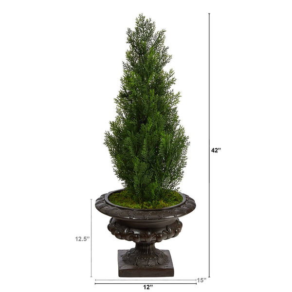 3.5’ Mini Cedar Artificial Pine Tree in Iron Colored Urn UV Resistant (Indoor/Outdoor)