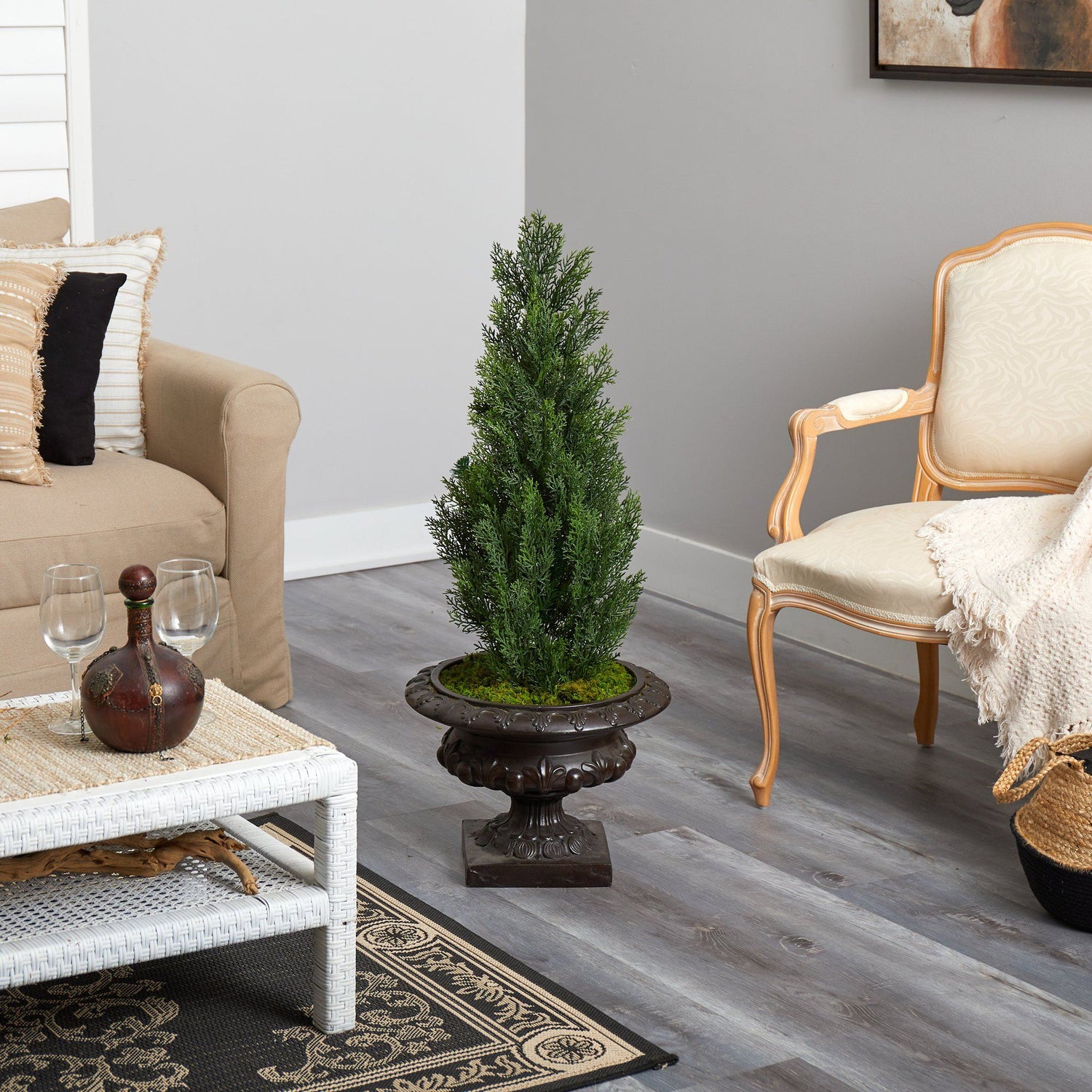 3.5’ Mini Cedar Artificial Pine Tree in Iron Colored Urn UV Resistant (Indoor/Outdoor)