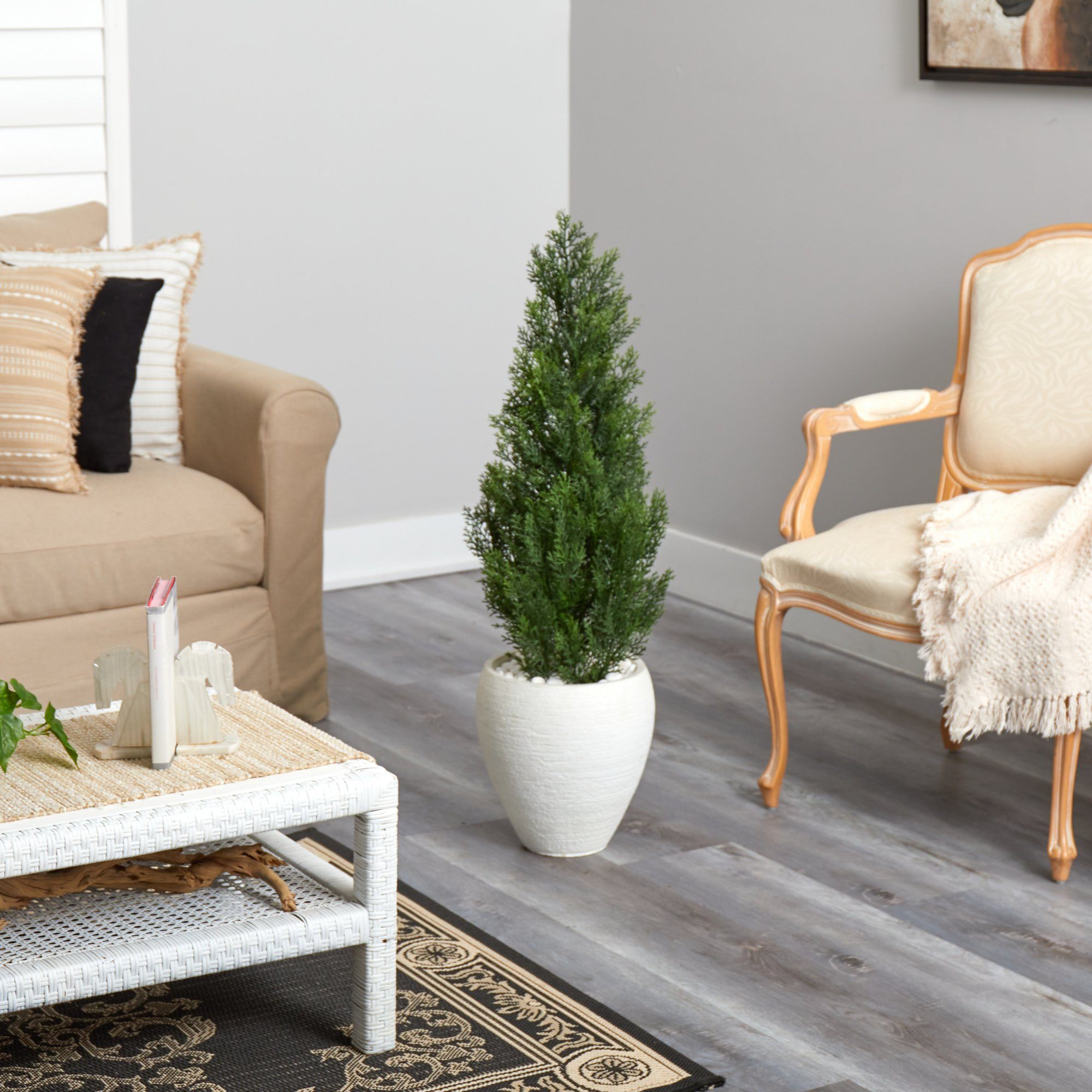 3.5’ Mini Cedar Artificial Pine Tree in White Planter UV Resistant ...
