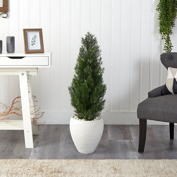 3.5’ Mini Cedar Artificial Pine Tree in White Planter (Indoor/Outdoor)