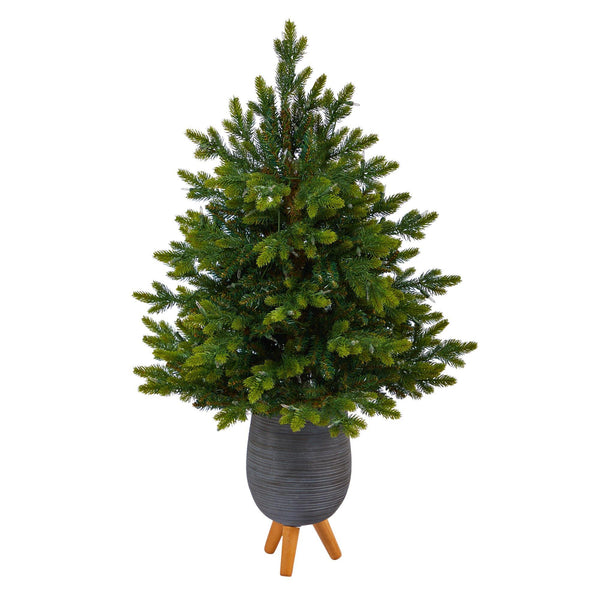3.5’ North Carolina Fir Artificial Christmas Tree with 150 Clear Lights and 563 Bendable Branches in Gray Planter with Stand
