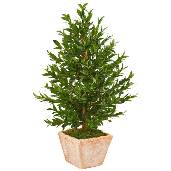 35” Olive Cone Topiary Artificial Tree in Terra Cotta Planter  (Indoor/Outdoor)
