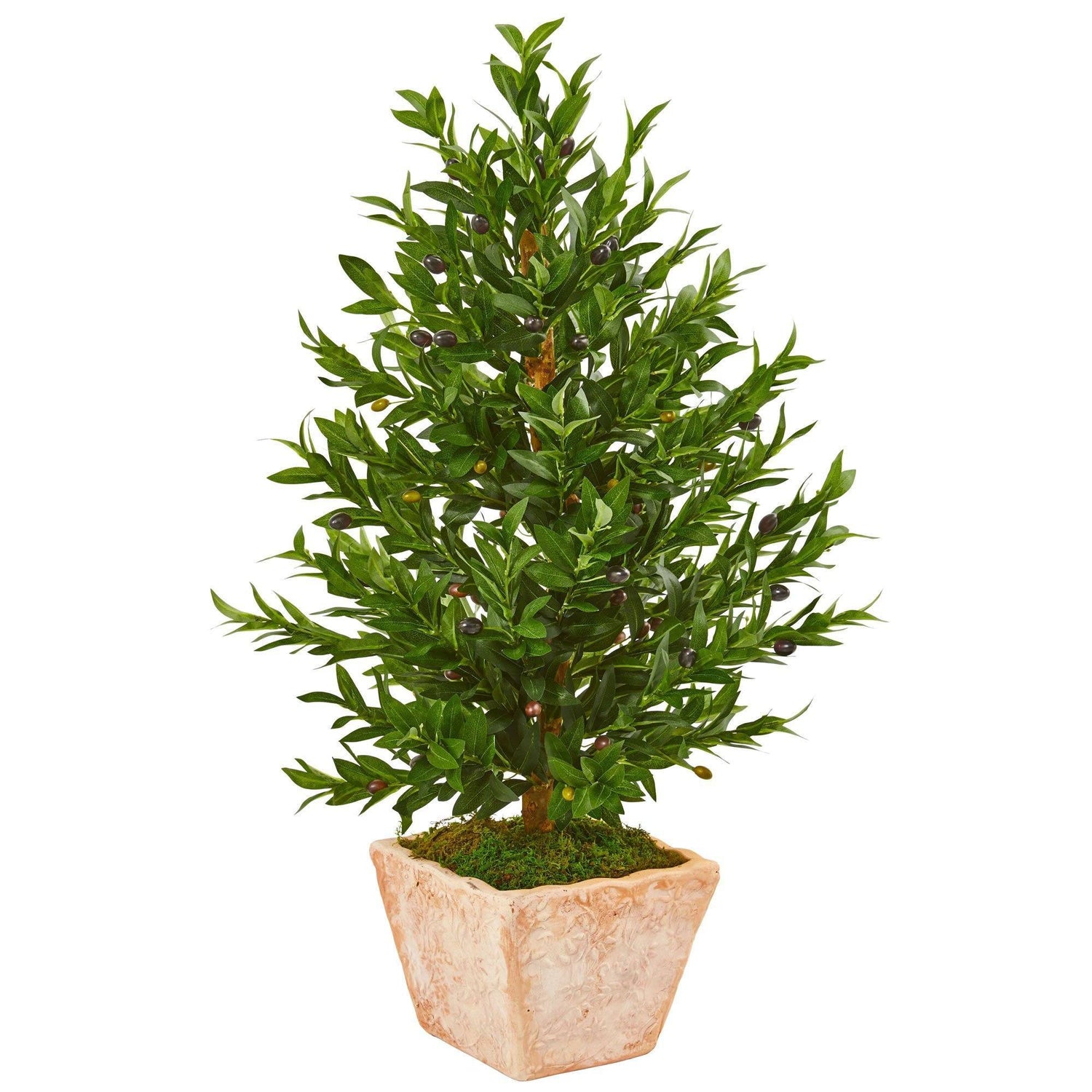 35” Olive Cone Topiary Artificial Tree in Terra Cotta Planter  (Indoor/Outdoor)