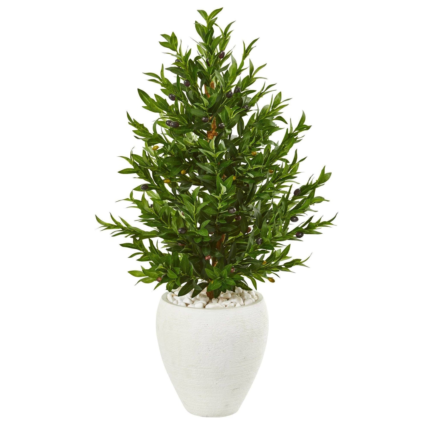 3.5’ Olive Cone Topiary Artificial Tree in White Planter (Indoor/Outdoor)