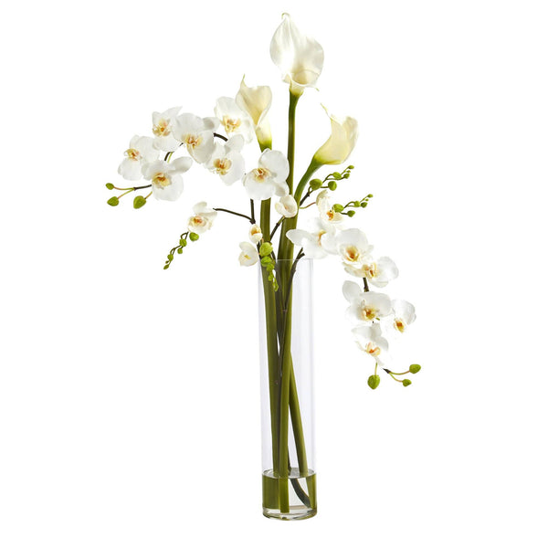 35” Phalaenopsis Orchid and Calla Lily Artificial Arrangement in Glass Vase