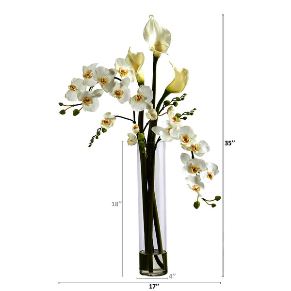 35” Phalaenopsis Orchid and Calla Lily Artificial Arrangement in Glass Vase