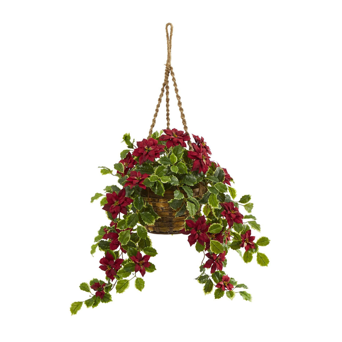 3.5’ Poinsettia and Variegated Holly Artificial Plant in Hanging Basket  (Real Touch)