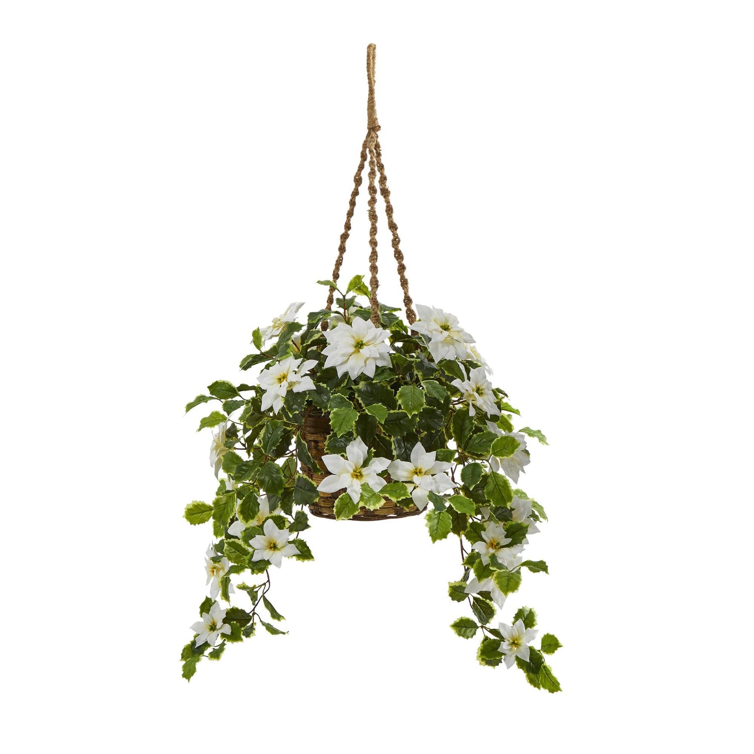 3.5’ Poinsettia and Variegated Holly Artificial Plant in Hanging Basket (Real Touch)