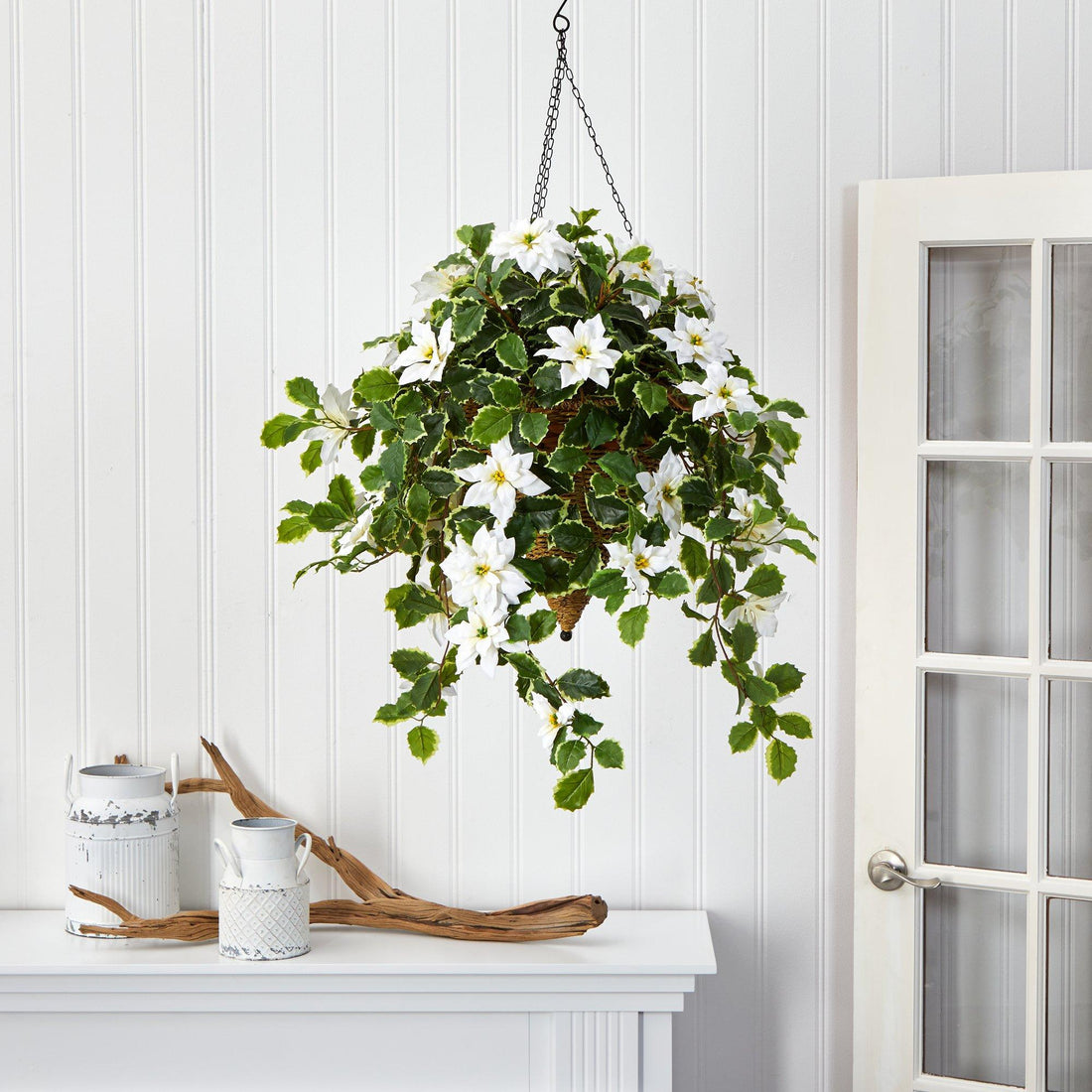 hanging poinsettia plants 3.5' Poinsettia and Variegated Holly Artificial Plant in Hanging Cone Basket (Real Touch)