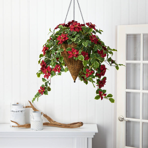 3.5’ Poinsettia and Variegated Holly Artificial Plant in Hanging Cone Basket (Real Touch)