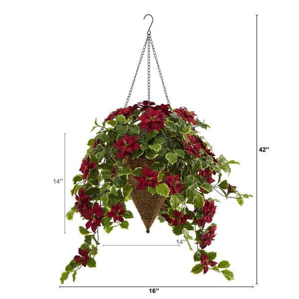3.5’ Poinsettia and Variegated Holly Artificial Plant in Hanging Cone Basket (Real Touch)