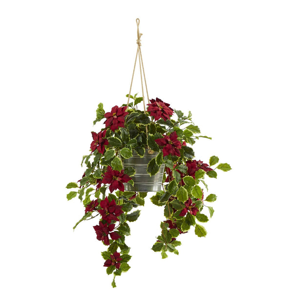 3.5’ Poinsettia and Variegated Holly Artificial Plant in Hanging Metal Bucket (Real Touch)