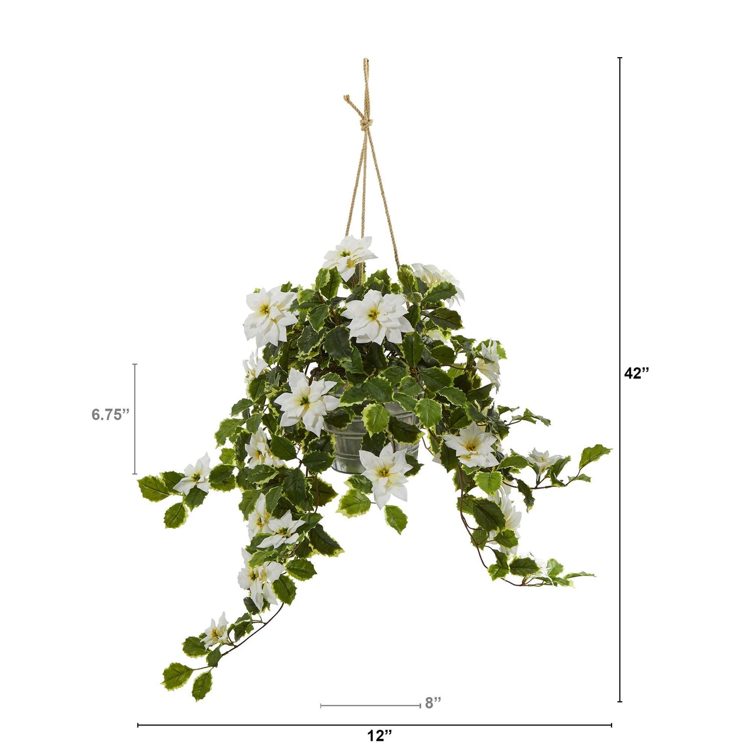 3.5’ Poinsettia and Variegated Holly Artificial Plant in Hanging Metal Bucket (Real Touch)