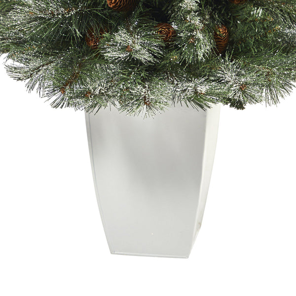 3.5’ Snowed French Alps Mountain Pine Artificial Christmas Tree with 135 Bendable Branches and Pine Cones in White Metal Planter