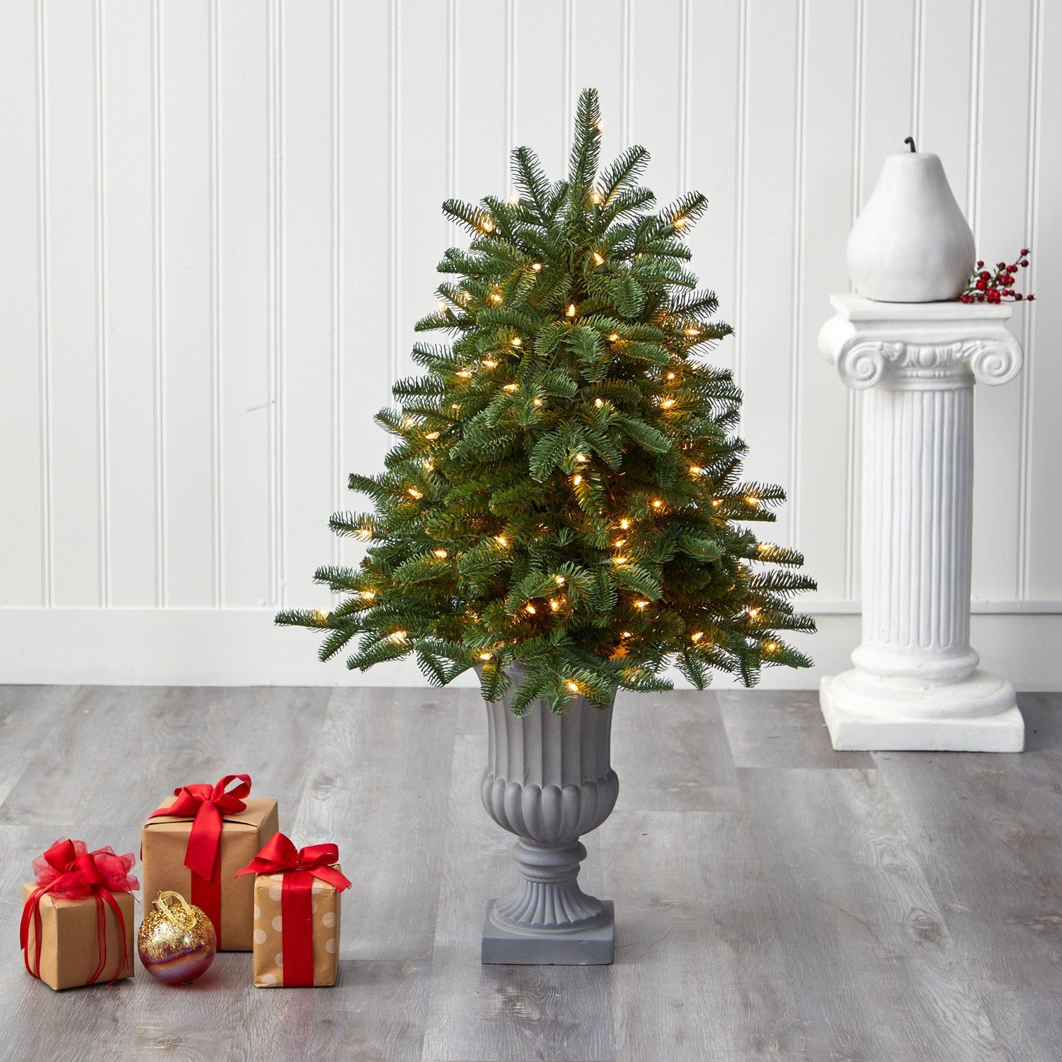 3.5’ South Carolina Spruce Artificial Christmas Tree with 100 White Warm Light and 458 Bendable Branches in Decorative Urn