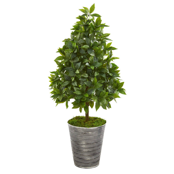 35” Sweet Bay Cone Topiary Artificial Tree in Tin Planter