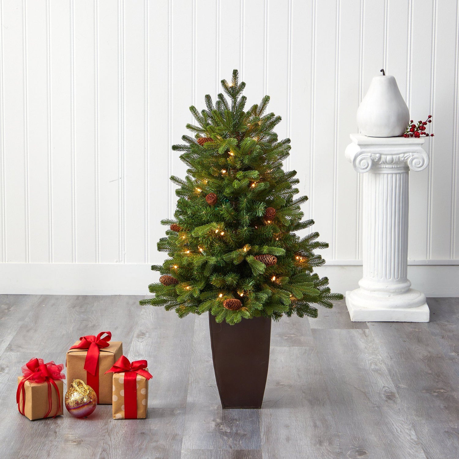 3.5’ Yukon Mountain Fir Artificial Christmas Tree with 50 Clear Lights and Pine Cones in Bronze Metal Planter