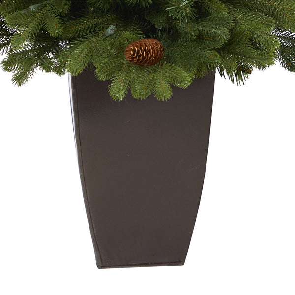 3.5’ Yukon Mountain Fir Artificial Christmas Tree with 50 Clear Lights and Pine Cones in Bronze Metal Planter