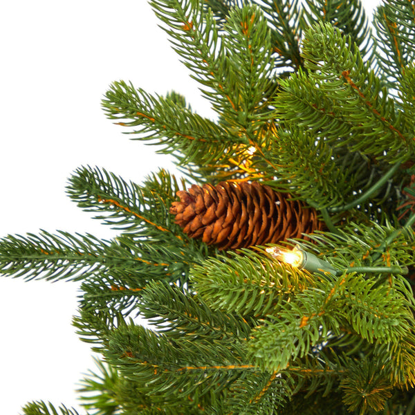 3.5’ Yukon Mountain Fir Artificial Christmas Tree with 50 Clear Lights and Pine Cones in Red Planter