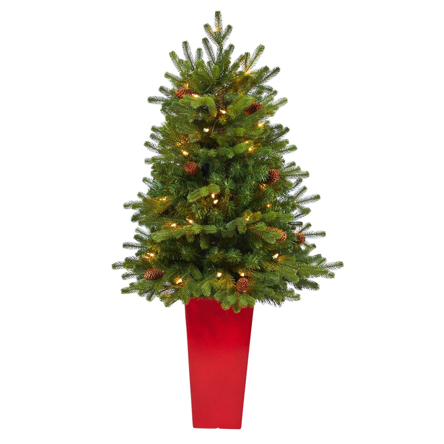 3.5’ Yukon Mountain Fir Artificial Christmas Tree with 50 Clear Lights and Pine Cones in Red Planter