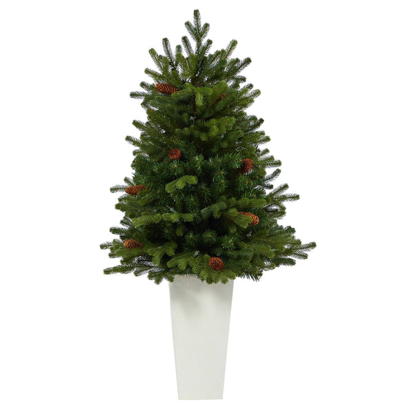 3.5’ Yukon Mountain Fir Artificial Christmas Tree with 50 Clear Lights and Pine Cones in White Planter