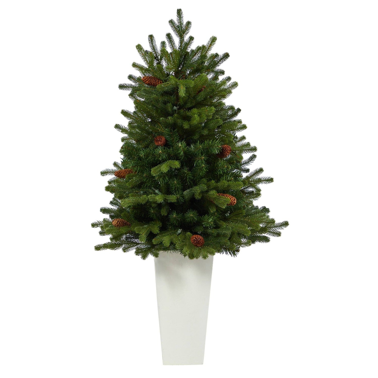 3.5’ Yukon Mountain Fir Artificial Christmas Tree with 50 Clear Lights and Pine Cones in White Planter