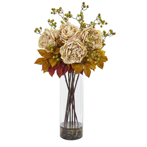 36” Peony and Berries Artificial Arrangement in Large Cylinder Vase