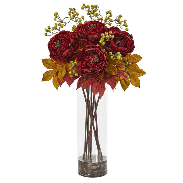 36” Peony and Berries Artificial Arrangement in Large Cylinder Vase