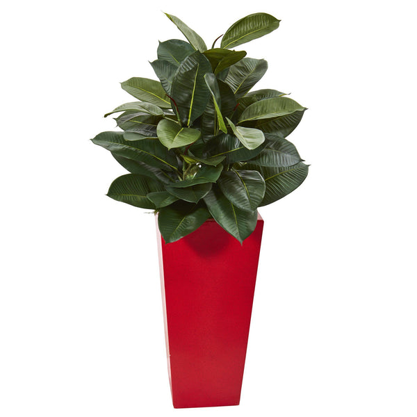 37” Artificial Rubber Plant in Red Tower Planter
