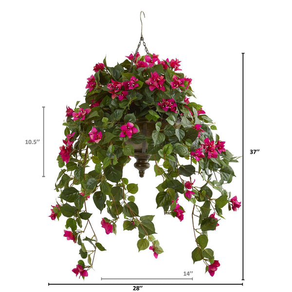 37” Bougainvillea Artificial Plant in Hanging Metal Bowl