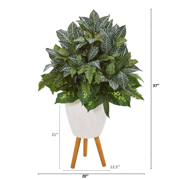 37” Mixed Greens Artificial Plant in White Planter with Stand