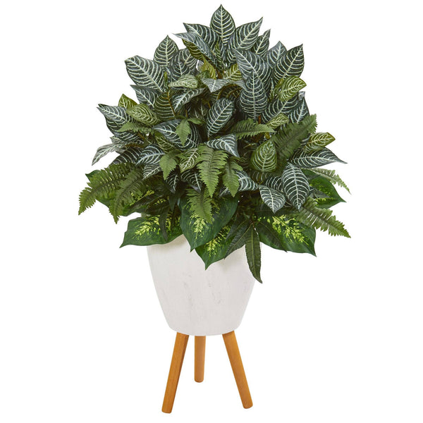37” Mixed Greens Artificial Plant in White Planter with Stand