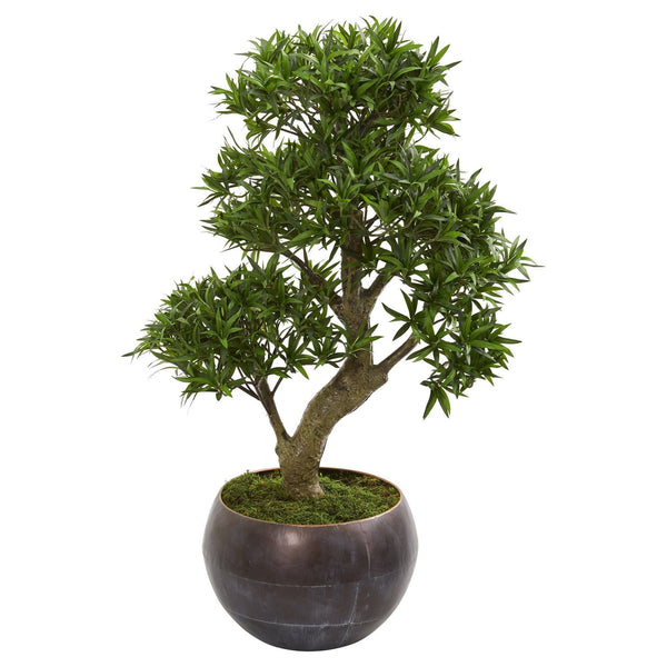 37” Podocarpus Artificial Bonsai Tree in Metal Bowl