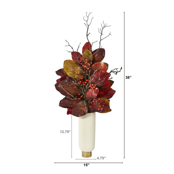 38” Autumn Magnolia Leaf with Berries Artificial Plant in Cream Planter with Gold Base