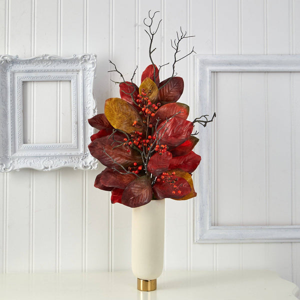 38” Autumn Magnolia Leaf with Berries Artificial Plant in Cream Planter with Gold Base