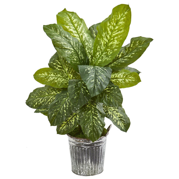 38” Dieffenbachia Artificial Plant in Vintage Metal Bucket (Real Touch)