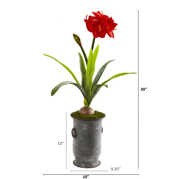 39” Amaryllis Artificial Plant in Vintage Metal Planter