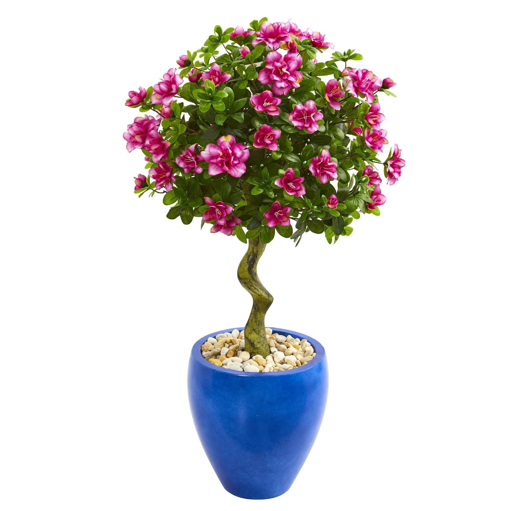 39” Azalea Artificial Topiary Tree in Blue Planter | Nearly Natural