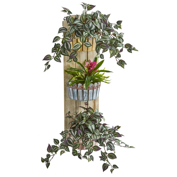 39” Bromeliad and Wandering Jew Artificial Plant in Three-Tiered Wall Decor Planter