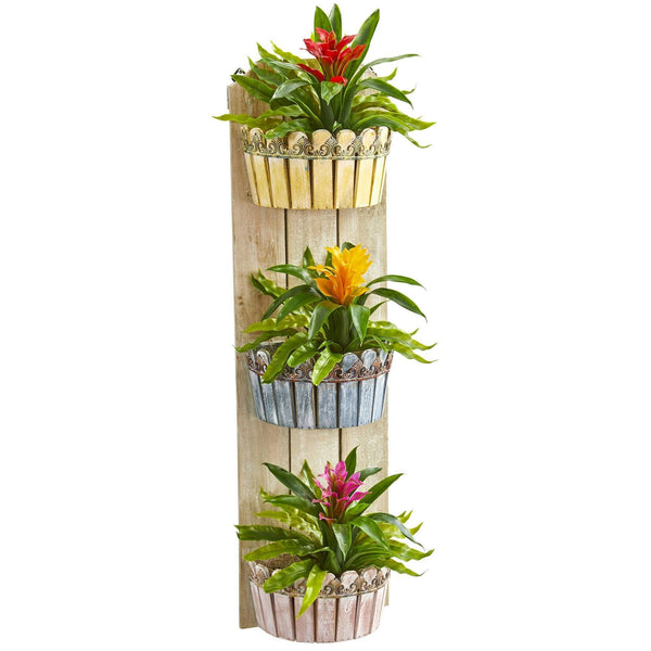39” Bromeliad Artificial Plant in Three-Tiered Wall Decor Planter