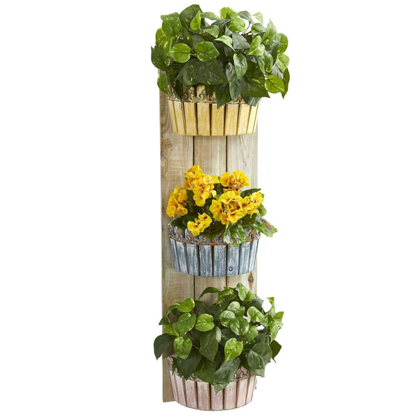 39” Geranium and Pothos Artificial Plant in Three-Tiered Wall Decor Planter