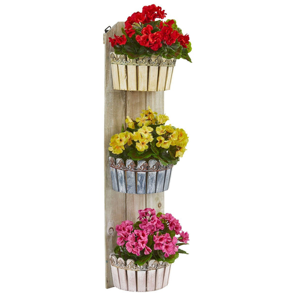 39” Geranium Artificial Plant in Three-Tiered Wall Decor Planter UV Resistant (Indoor/Outdoor)