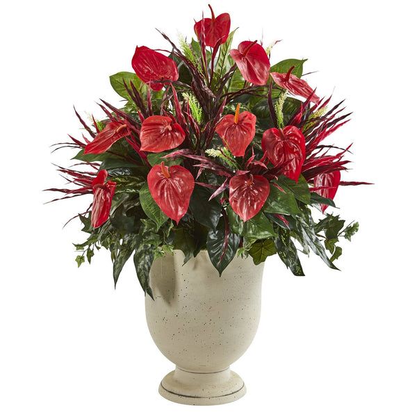 39” Mixed Anthurium Artificial Plant in Decorative Urn