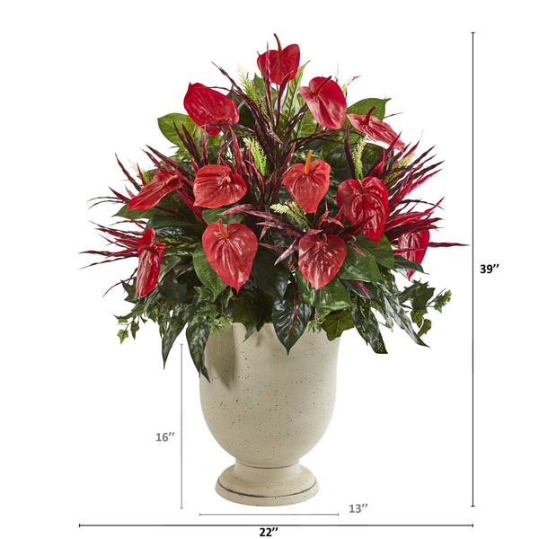 39” Mixed Anthurium Artificial Plant in Decorative Urn