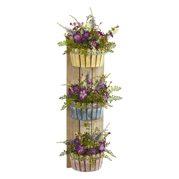 39” Morning Glory Artificial Arrangement in Three-Tiered Wall Decor Planter