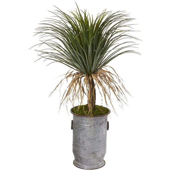 39” Pony Tail Palm Artificial Plant in Vintage Metal Planter