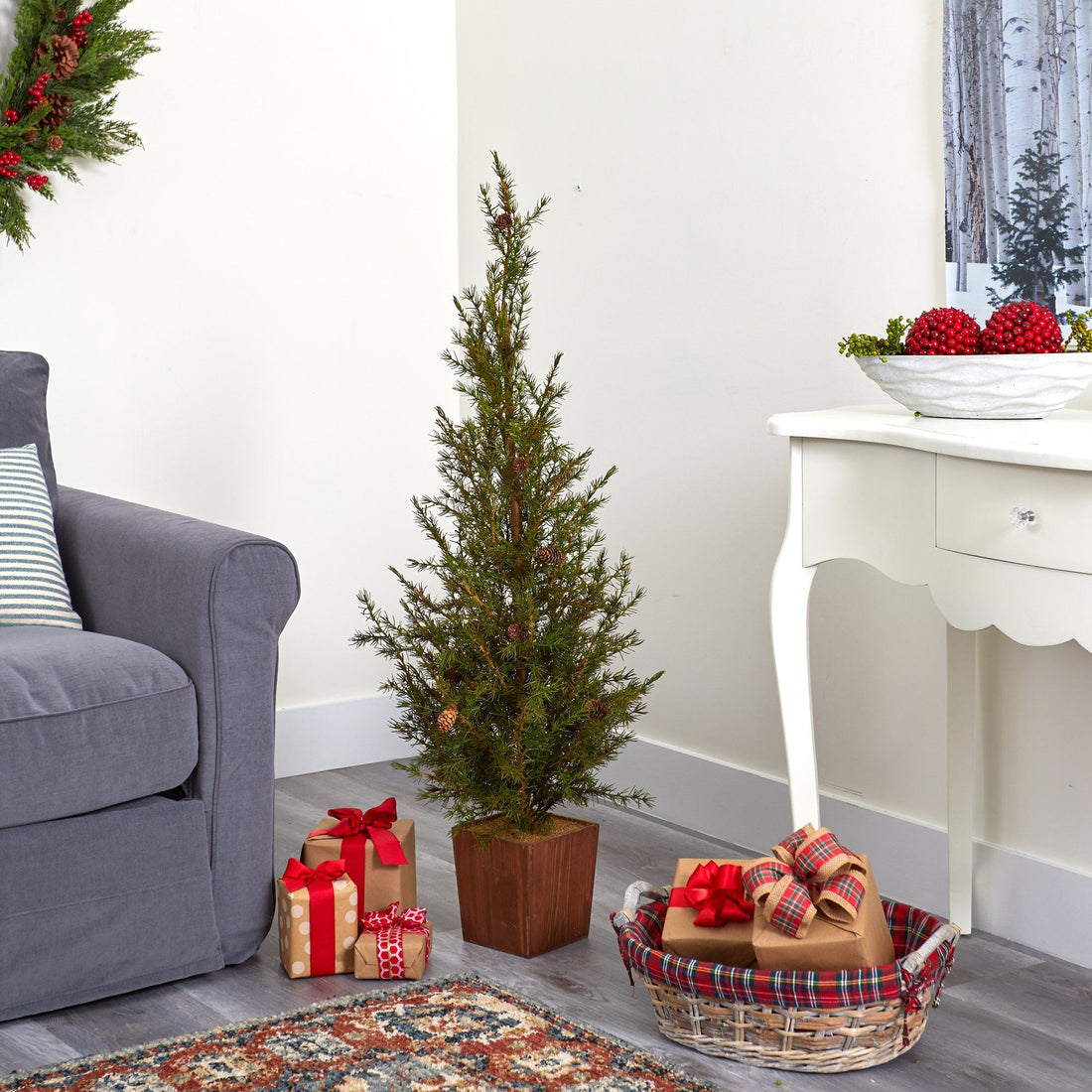 house plant that looks like a christmas tree 4' Alpine “Natural Look” Artificial Christmas Tree in Wood Planter with  Pine Cones