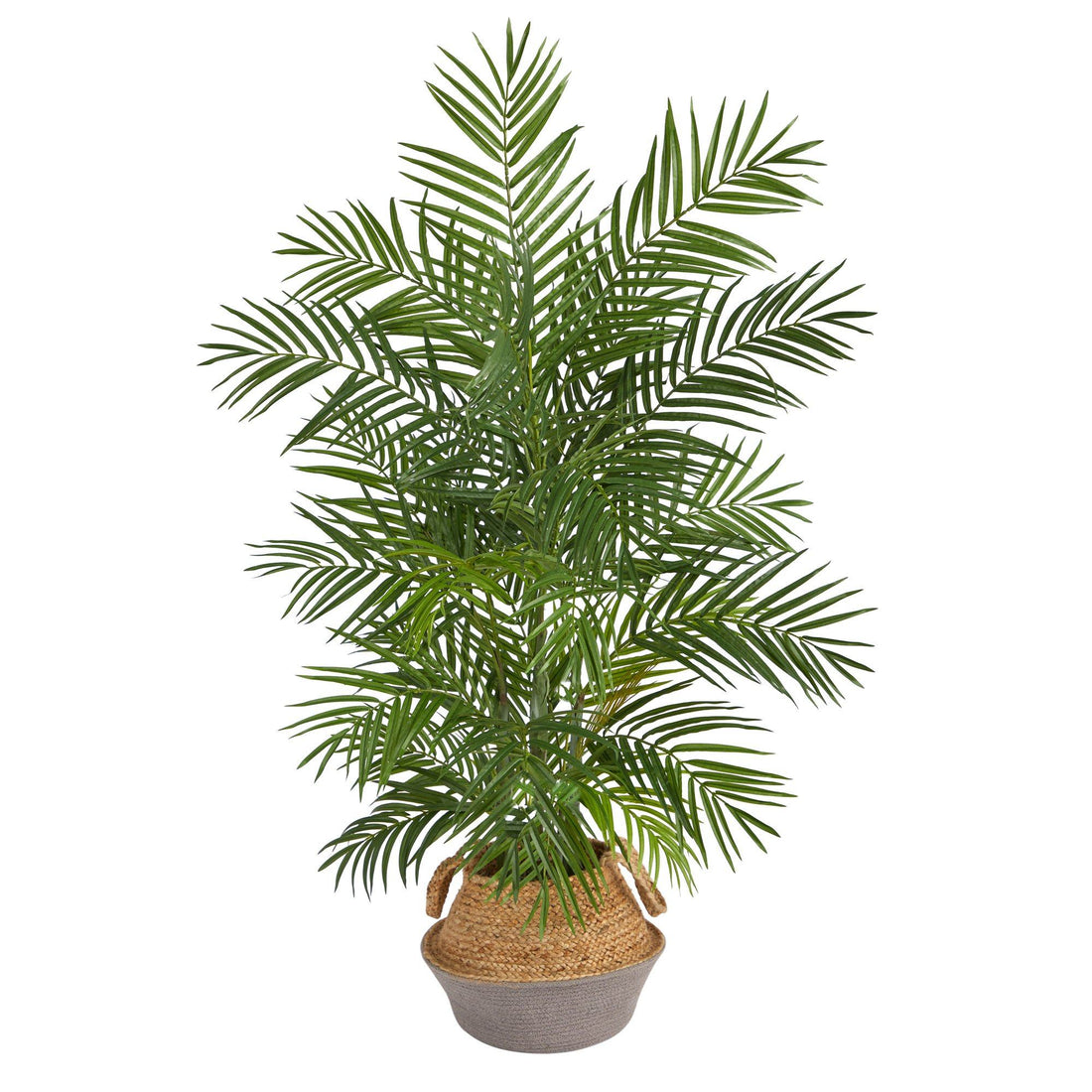 areca palm fronds 4' Areca Artificial Palm Branches in Boho Chic Handmade Cotton & Jute Gray Woven Planter
